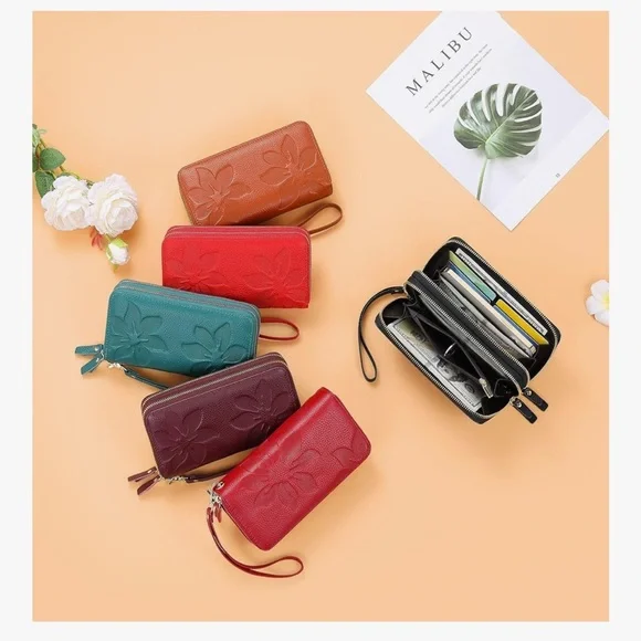 Vibrant Red Floral Embossed Leather Clutch with Wrist Strap RFID - Picture 7 of 11